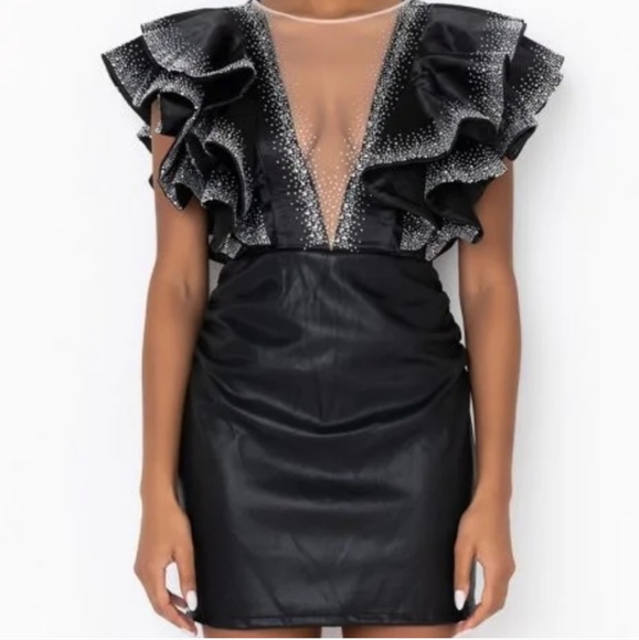 AKIRA deep V Faux leather sparkling Dress - Picture 2 of 3